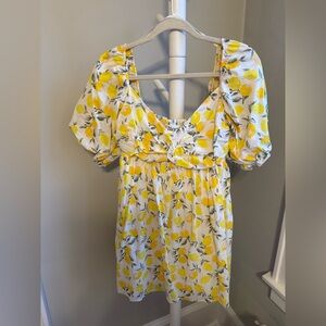 Trixxi Puff Sleeve White Dress with Yellow Lemon Print